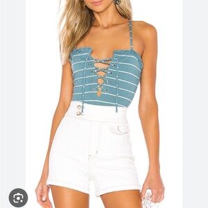 Striped Lace-Up Blue Mina Bodysuit Privacy Please Small
